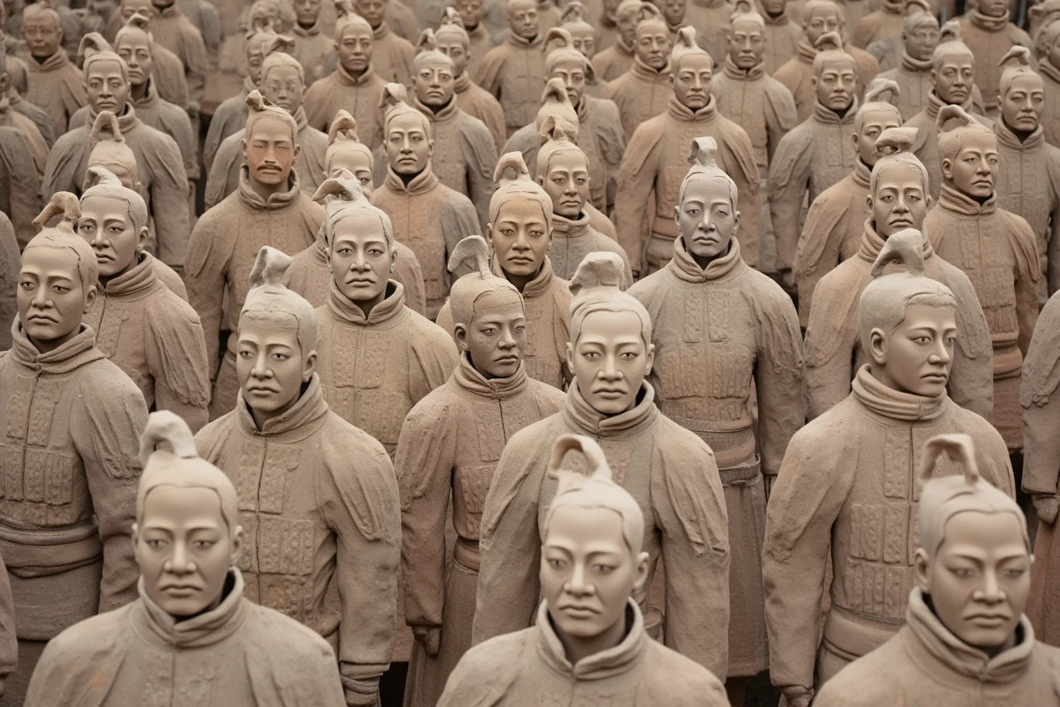Rows of terracotta soldiers arranged in military formation viewed from above