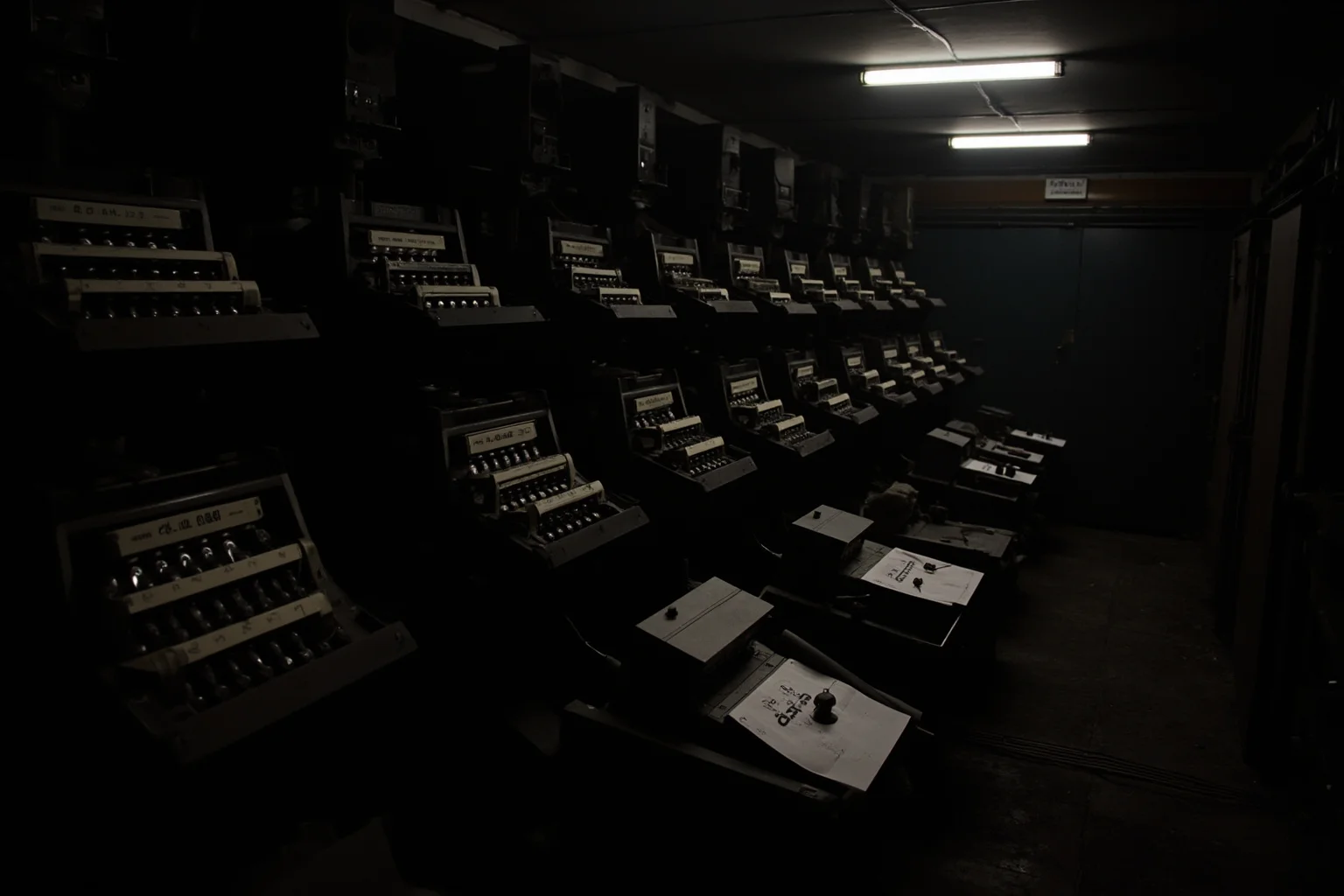 Rows of vintage decoding machines and punch-card equipment in a secret 1940s codebreaking room, dramatic low light