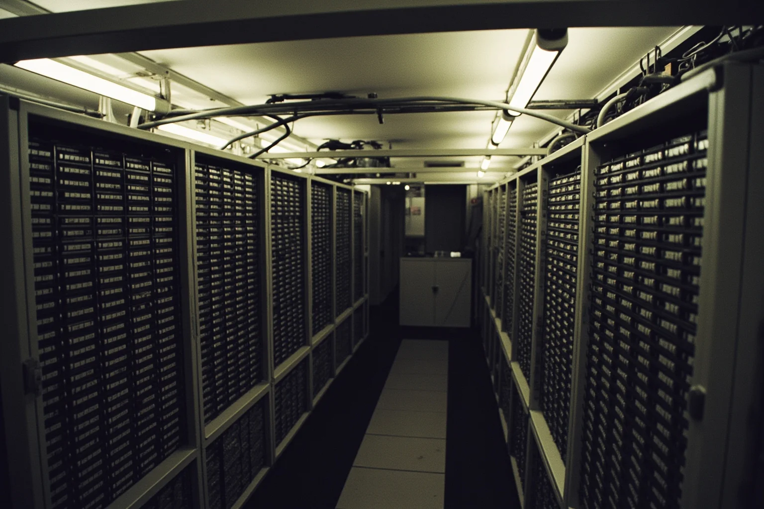 Rows of vintage telecommunications switchboards and cables in a fluorescent-lit office, early 2000s style