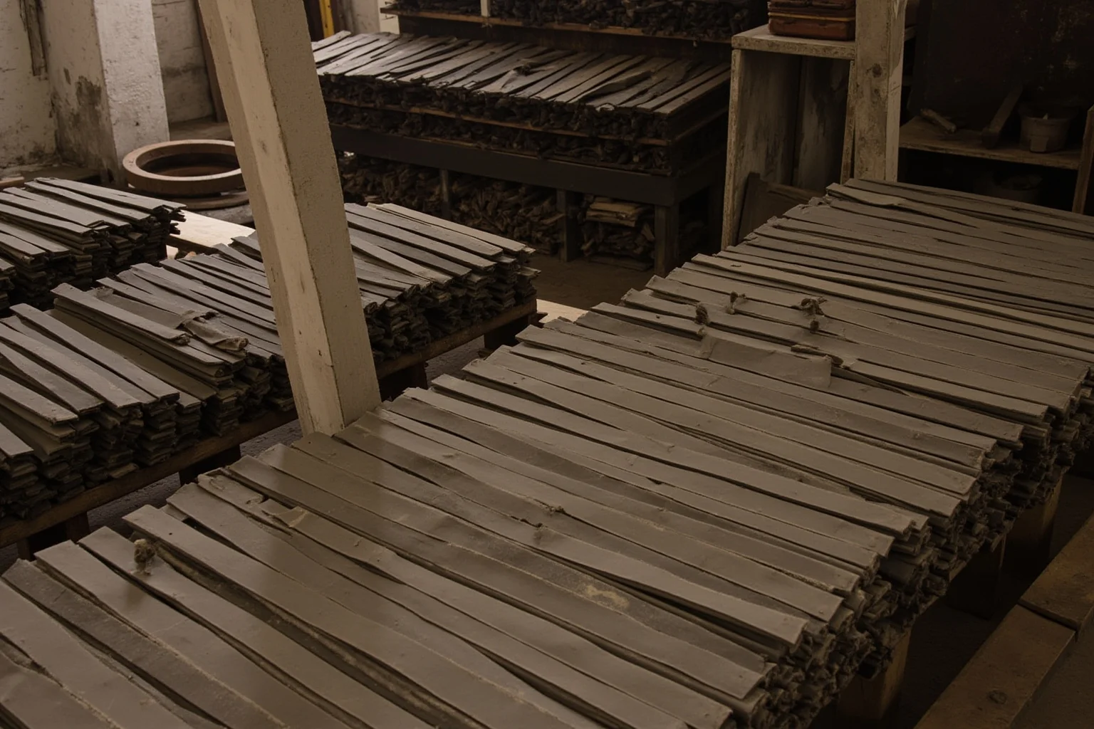 Inventors Who Stole Genius Ideas And Got All Glory 10 Rows of vulcanized rubber sheets and tools in a 19th-century rubber factory workshop