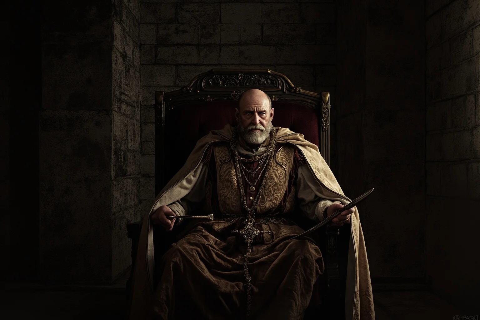 A stern medieval Russian tsar in ornate robes seated on a throne in a shadowy stone hall, illustrative historical painting style