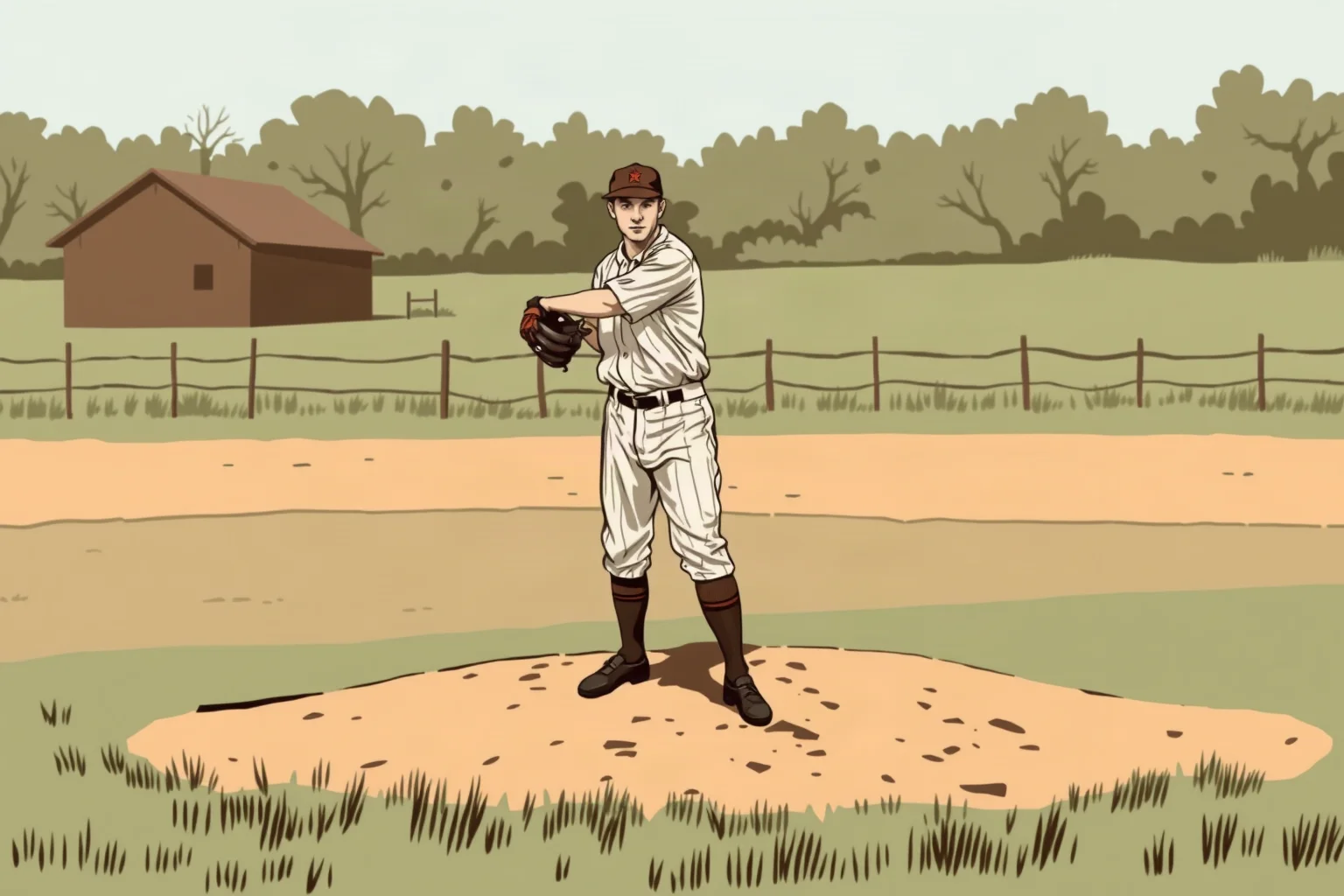 A vintage-style illustration of a mysterious left-handed baseball pitcher in early 1900s uniform standing on a rural sandlot mound