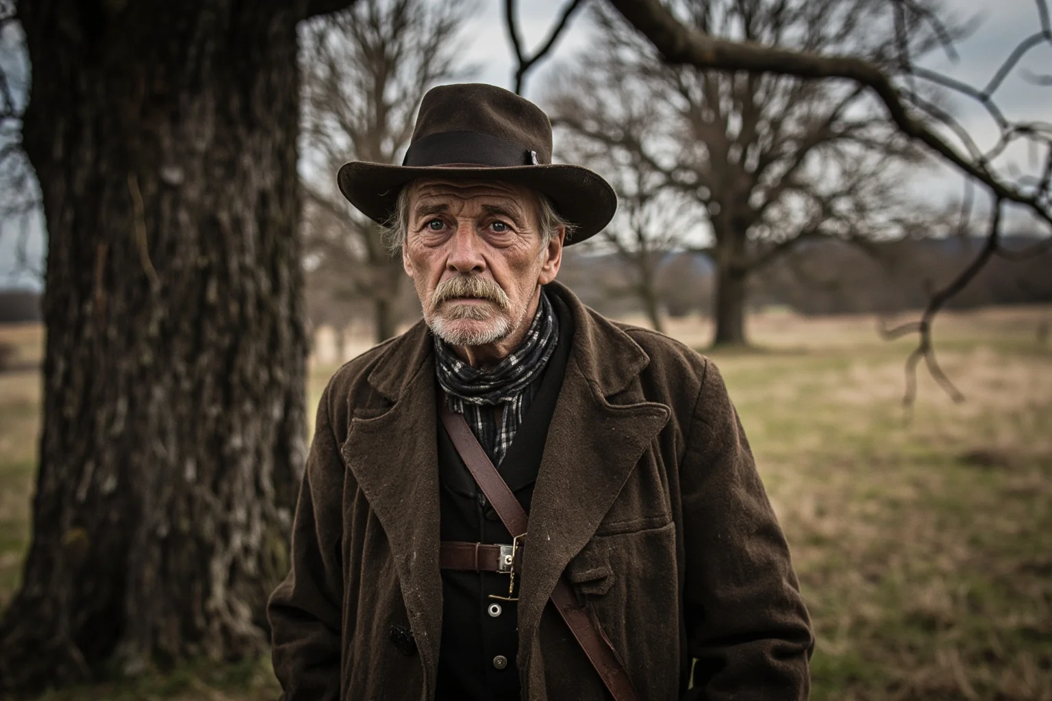 Rugged 19th-century American frontier general in a weathered coat standing near a hickory tree