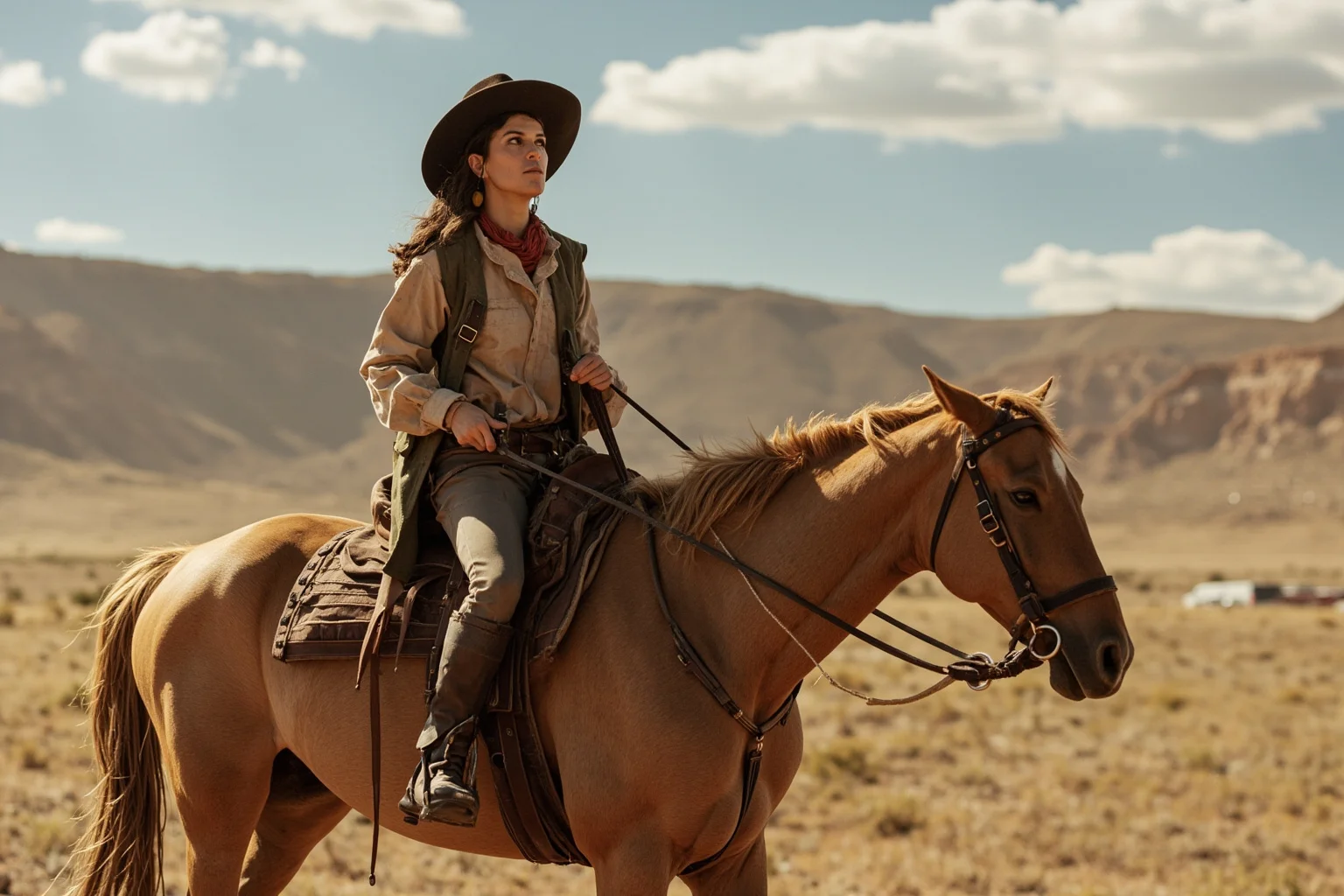 Rugged frontierswoman in buckskin clothing riding a horse through a rugged Western landscape