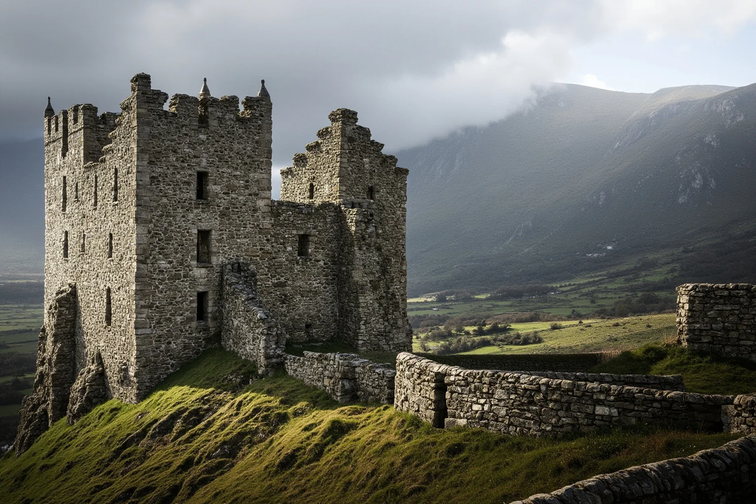 Rugged Scottish landscape with stone castles perched on hillsides, suggesting conquest and military dominance
