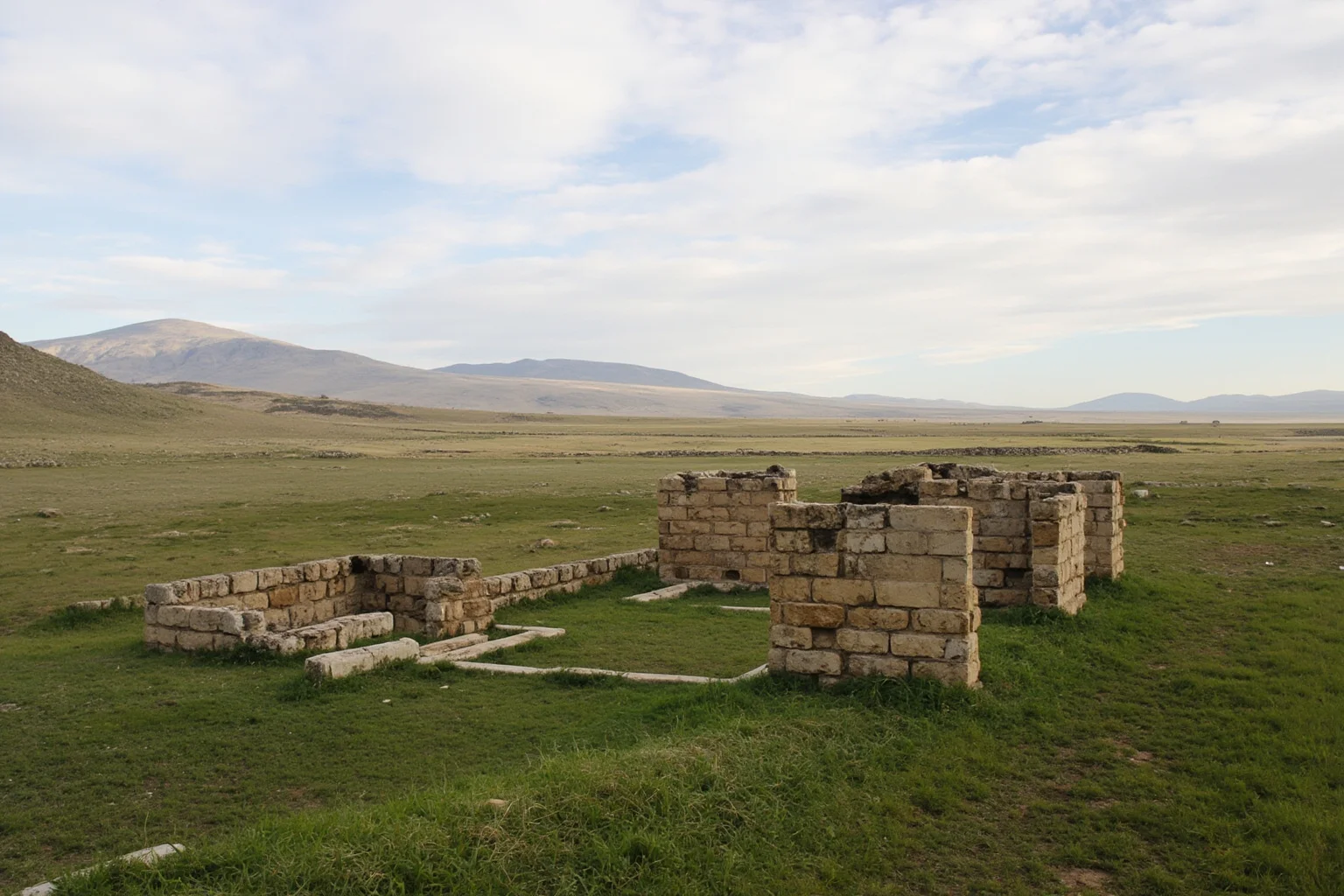 Ruined palace foundations on a grassy steppe with distant mountains
