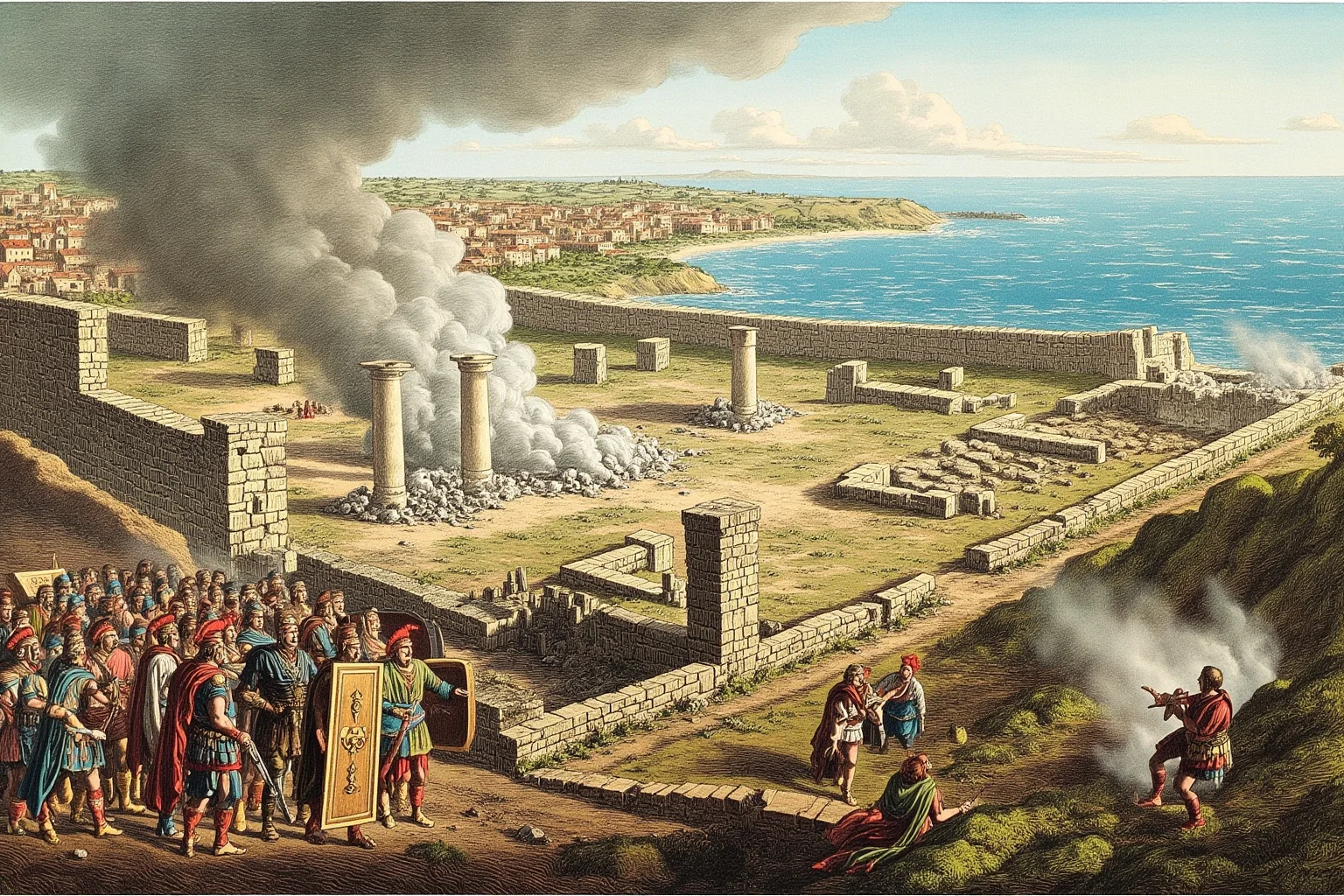 Ruins of an ancient walled city by the sea being destroyed, smoke rising, Roman soldiers in the foreground, historical illustration