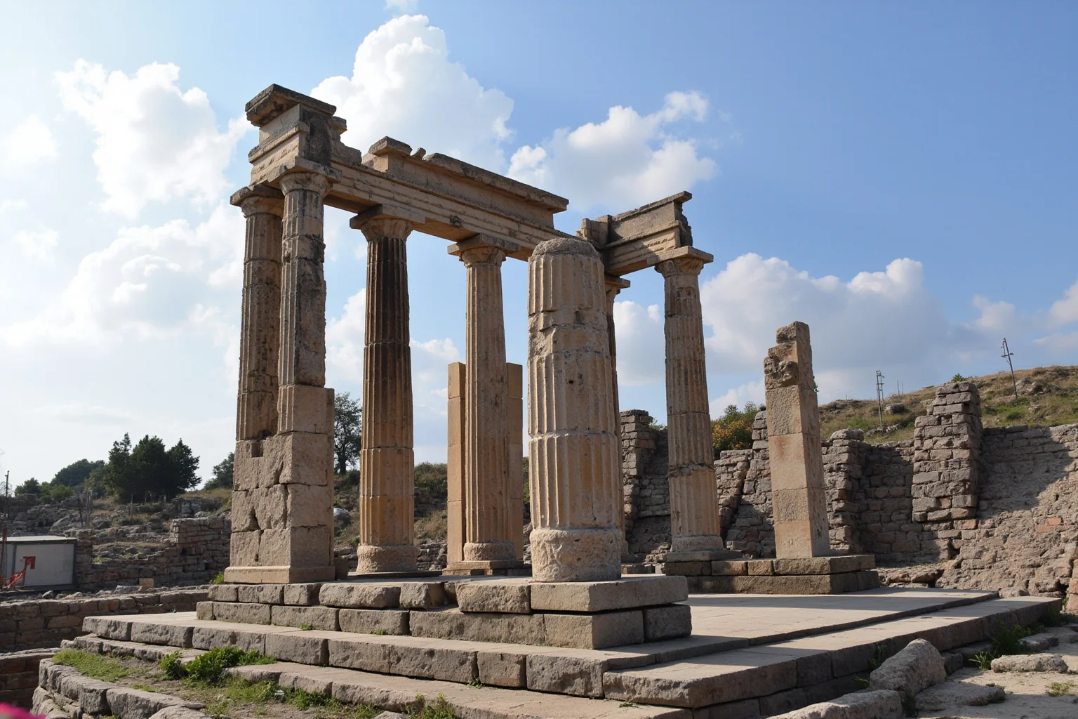 Ruins of an unfinished ancient marble temple structure damaged by fire, with rebuilding efforts beginning nearby