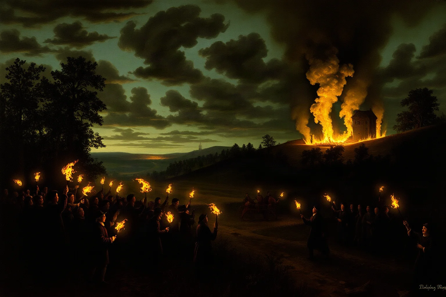 Rural 18th-century French countryside at night with torch-carrying crowds and burning distant manor house silhouette