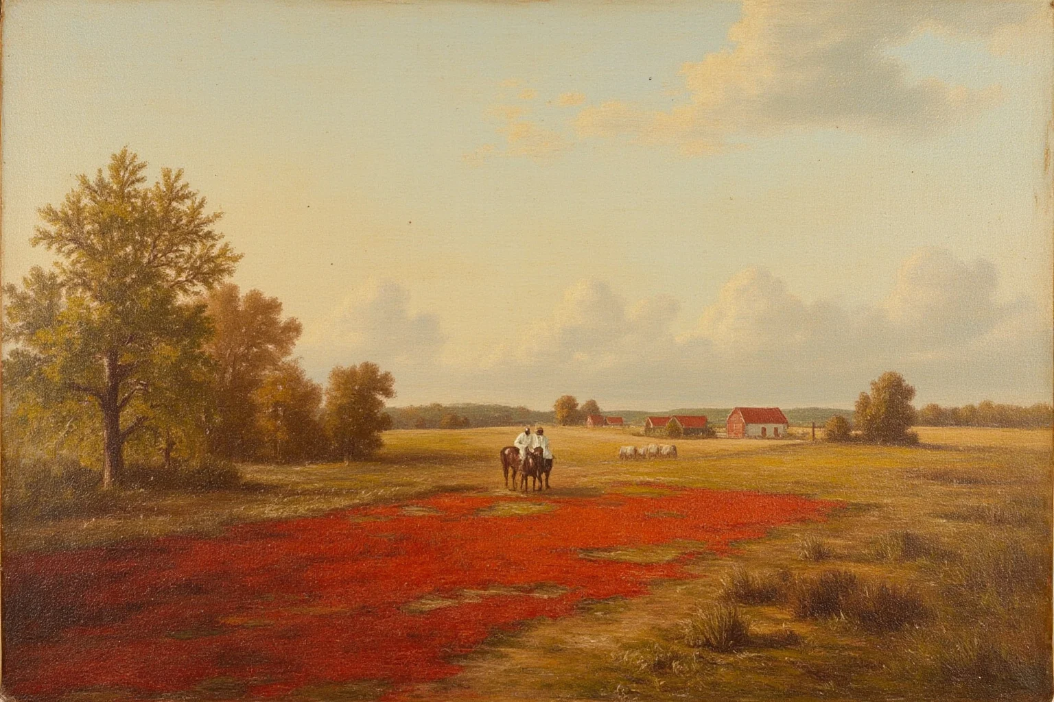22 Lesser-Known Historical Events That No One Talks About 13 Rural 19th-century American farm scene with a strange reddish substance scattered across the ground, painterly style