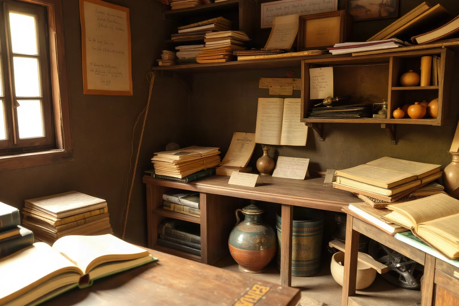 Rural Indian village mathematics workspace with thousands of original formulas, notebooks, and correspondence with Cambridge mathematicians