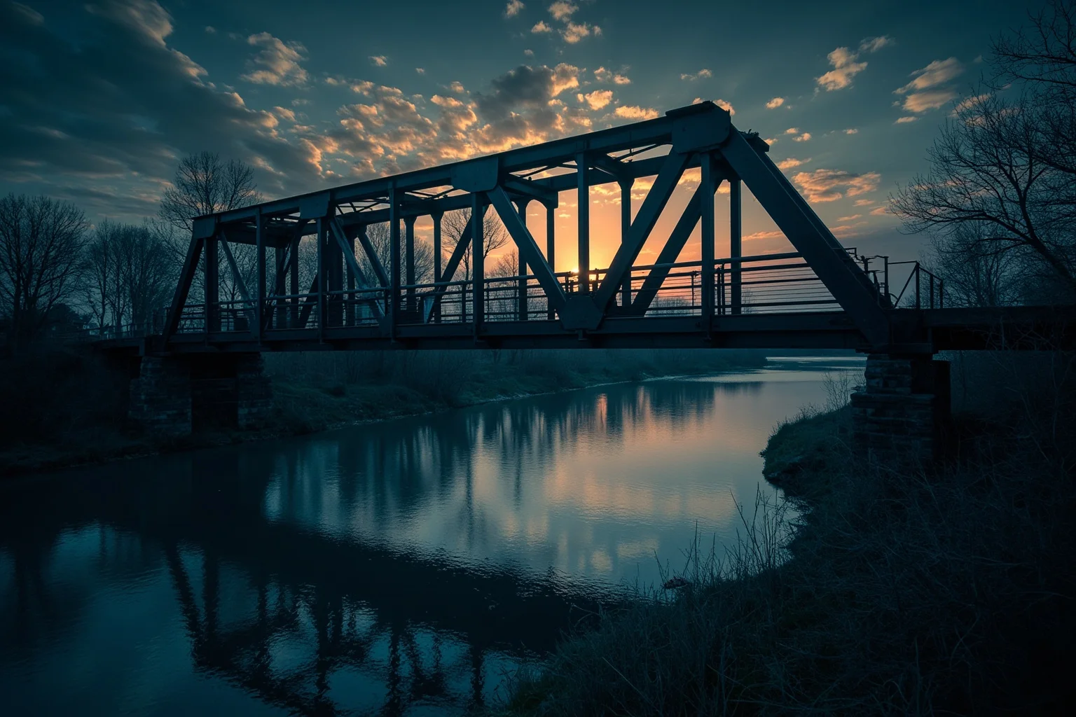 Rural steel truss bridge over a wide river at twilight, moody atmospheric illustration style