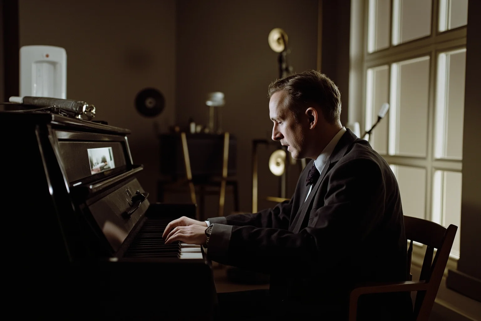 Russian immigrant songwriter at piano in early 20th century music studio