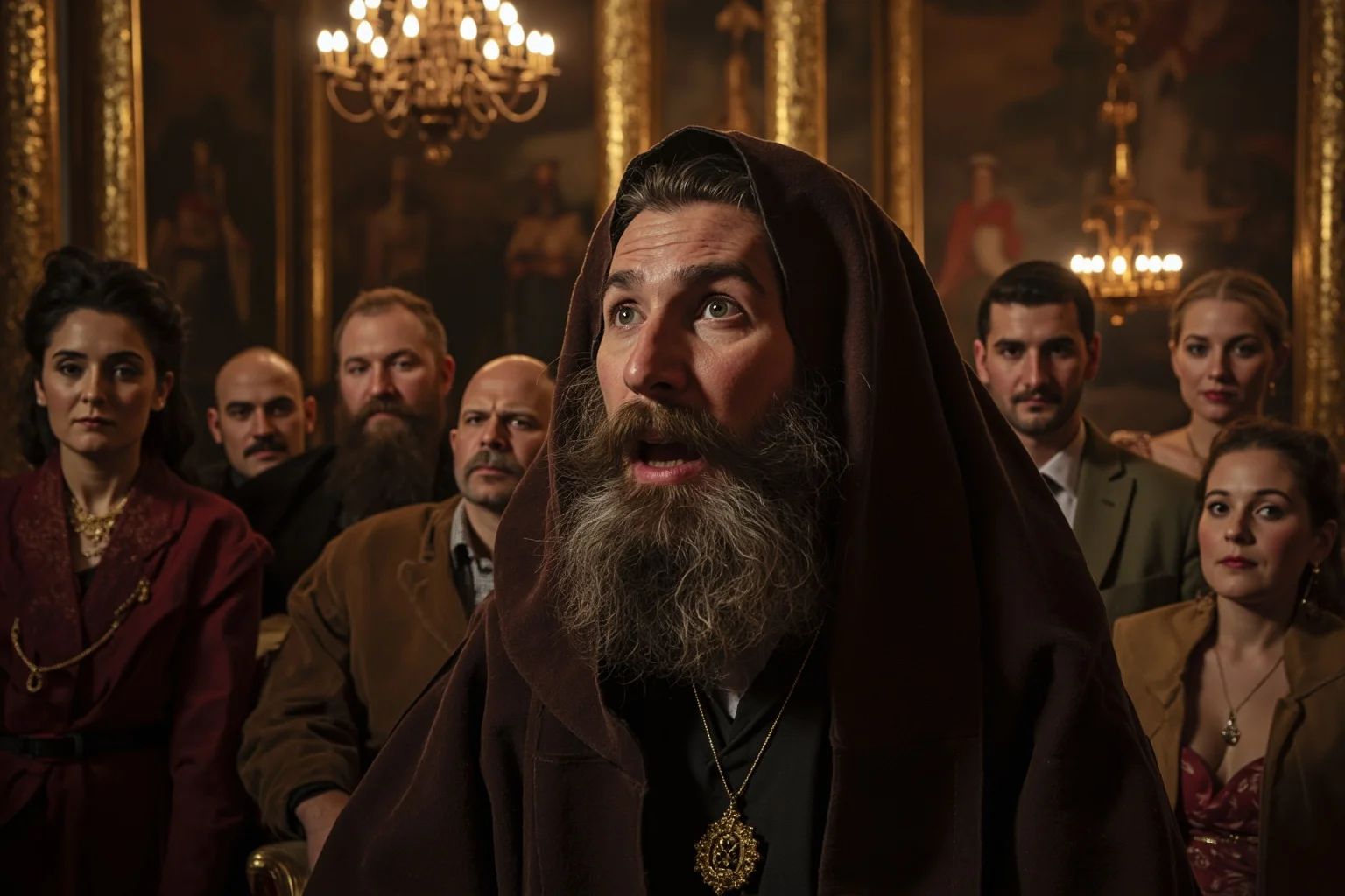 Russian mystic with wild beard and robes in a Russian palace surrounded by the royal family