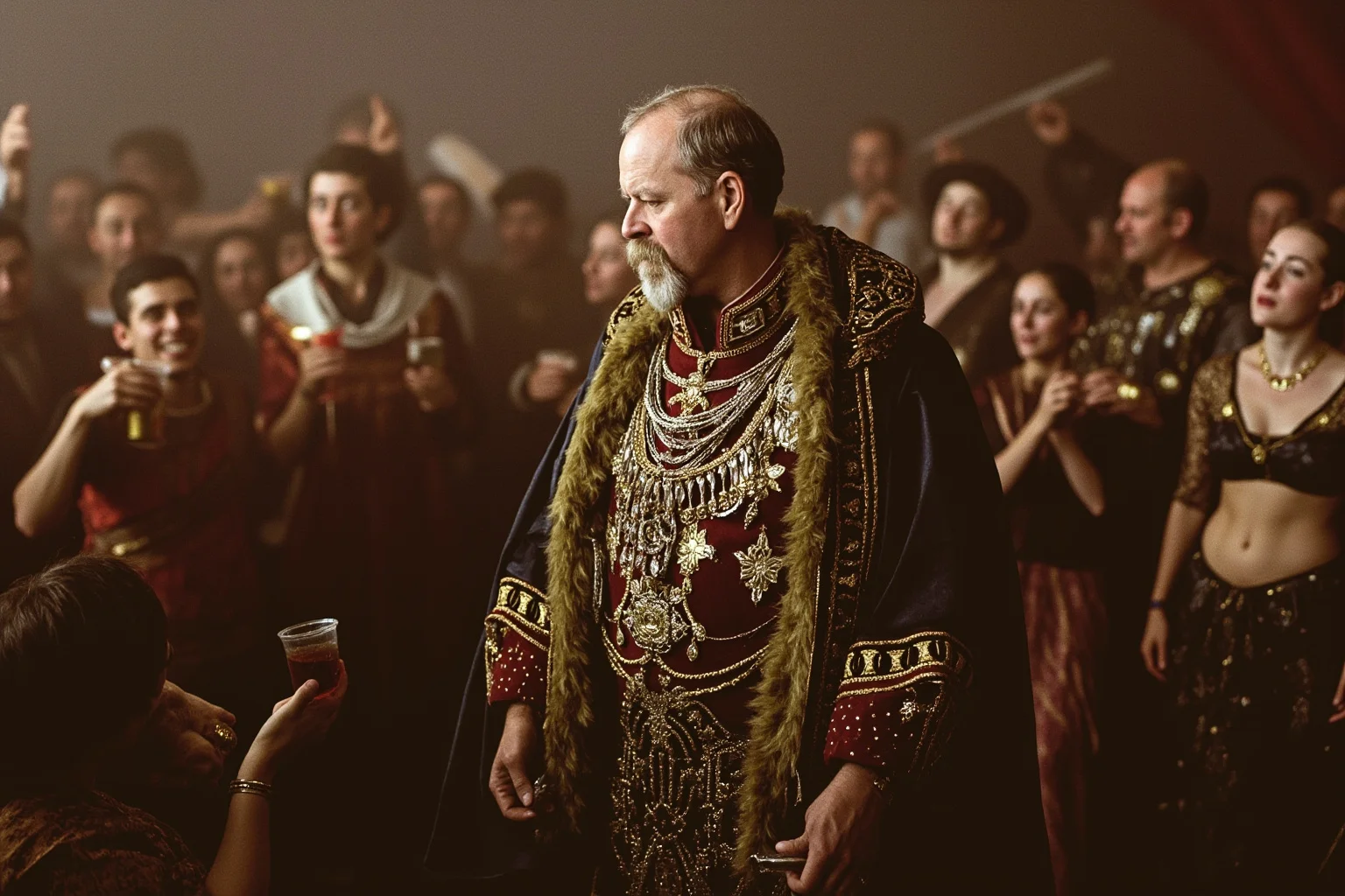Russian tsar in elaborate imperial dress presiding over a chaotic mock religious ceremony with drunken revelers
