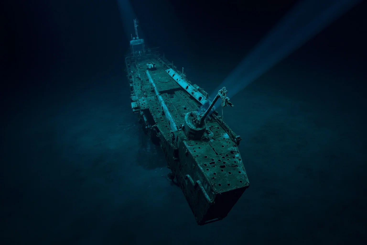 22 Coolest Underwater Discoveries Made Throughout History 12 Rusted battleship wreck resting on the deep ocean floor illuminated by submarine spotlights