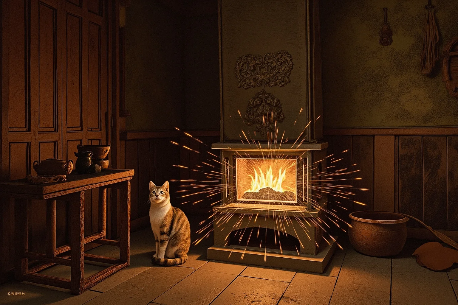 Rustic 19th-century European cottage interior with a small cat near a wood stove, static sparks illustration motif