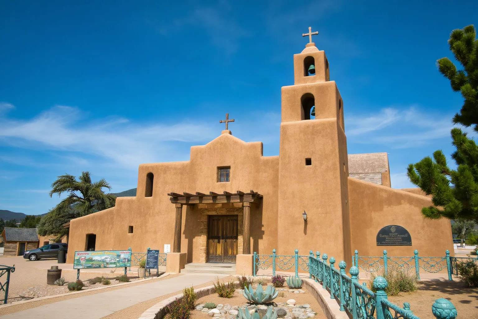 Rustic adobe mission church with twin bell towers in a small New Mexican mountain village
