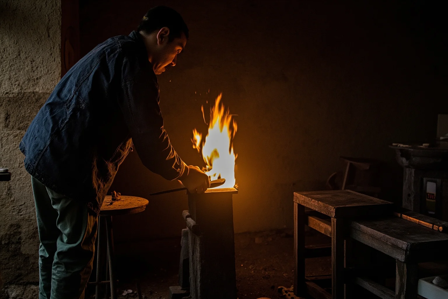 Rustic countryside blacksmith workshop with makeshift tools improvised for an urgent repair, warm forge light