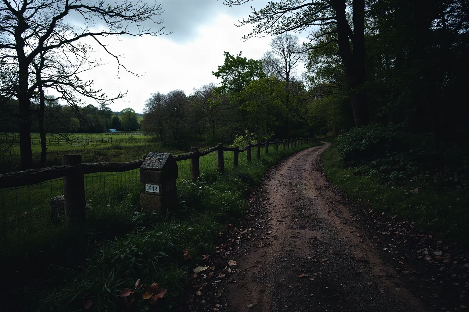 Rustic dirt path through Yorkshire woodland with old stone forest marker, overcast sky