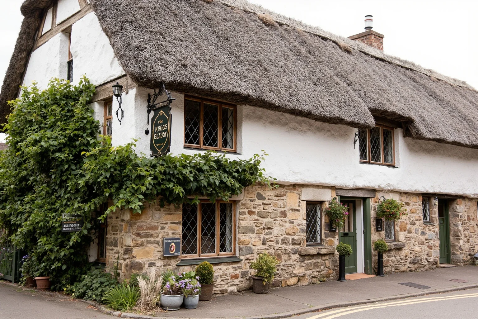 Rustic old English countryside inn with whitewashed stone walls, thatched-adjacent tavern feel, hanging pub sign, medieval charm