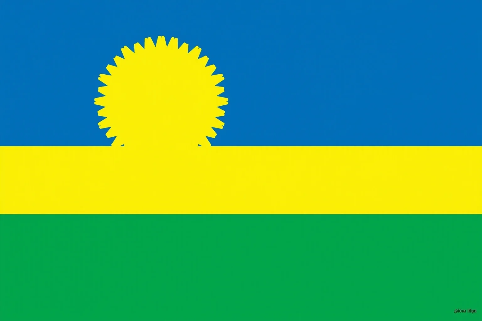 Rwanda's blue, yellow, and green flag with golden sun, calm and hopeful illustration style