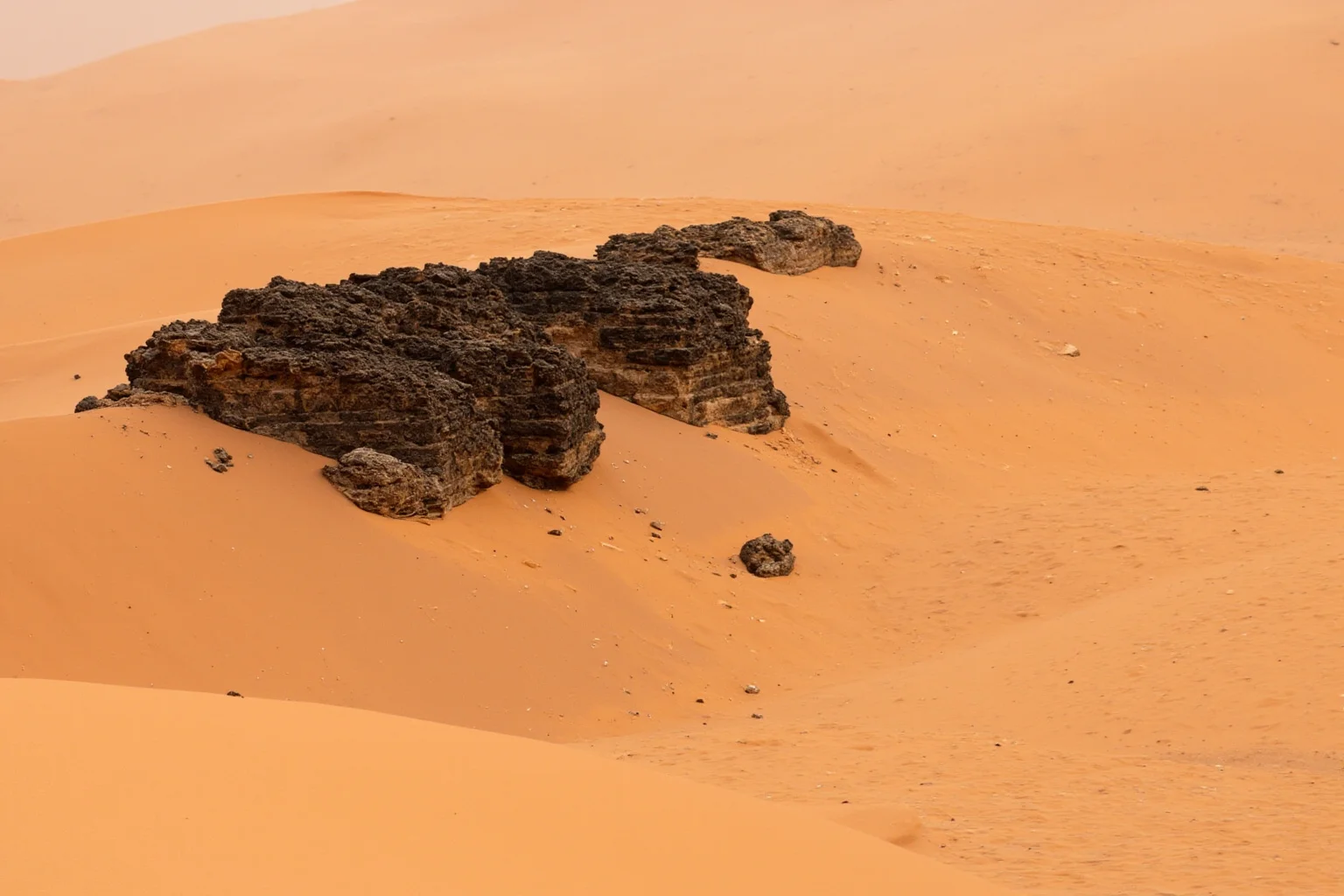 Saharan sand dunes with dark sedimentary rock outcrops emerging from the sand
