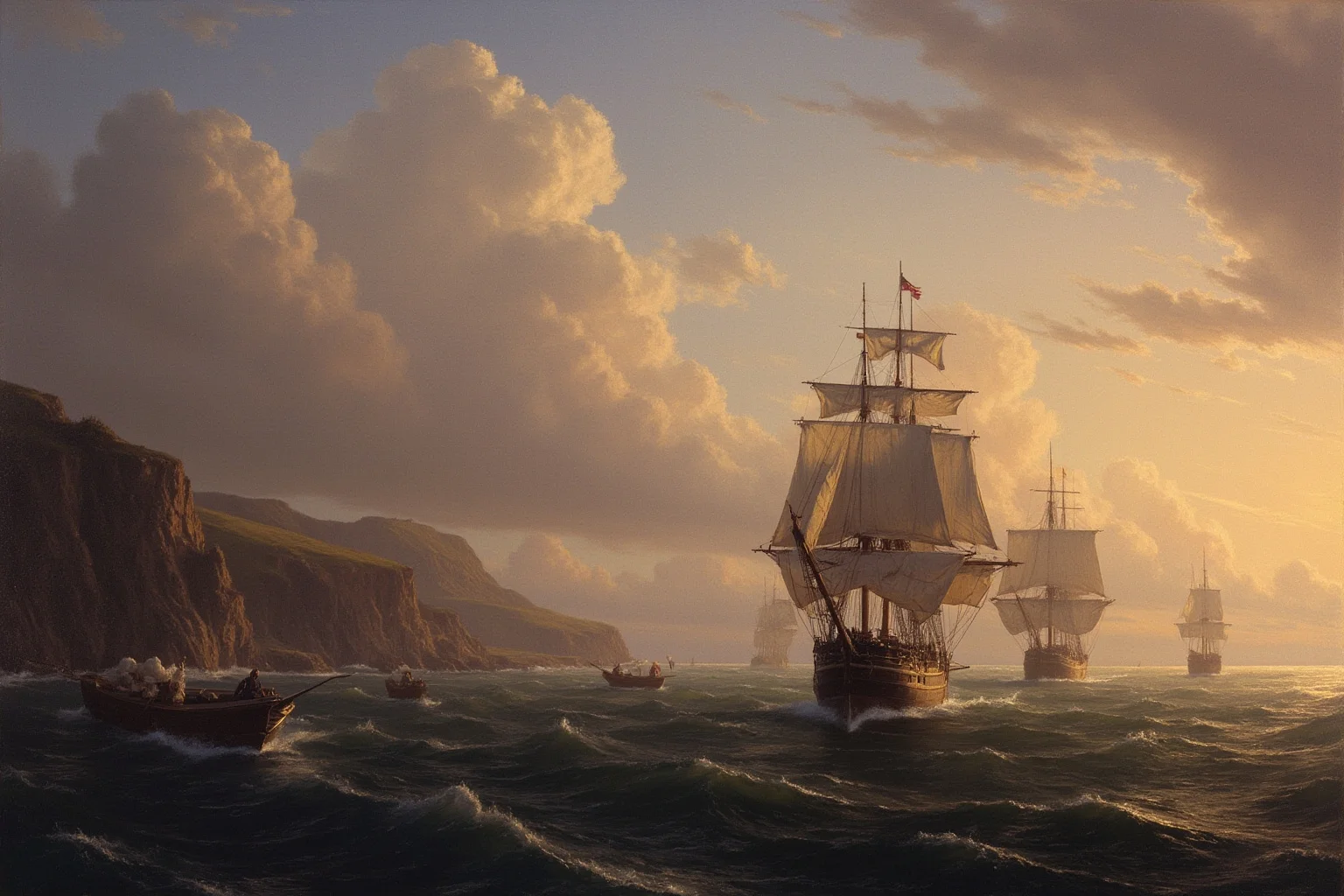 Sailing ships approaching an unfamiliar coastline at dawn, in a historical illustration style