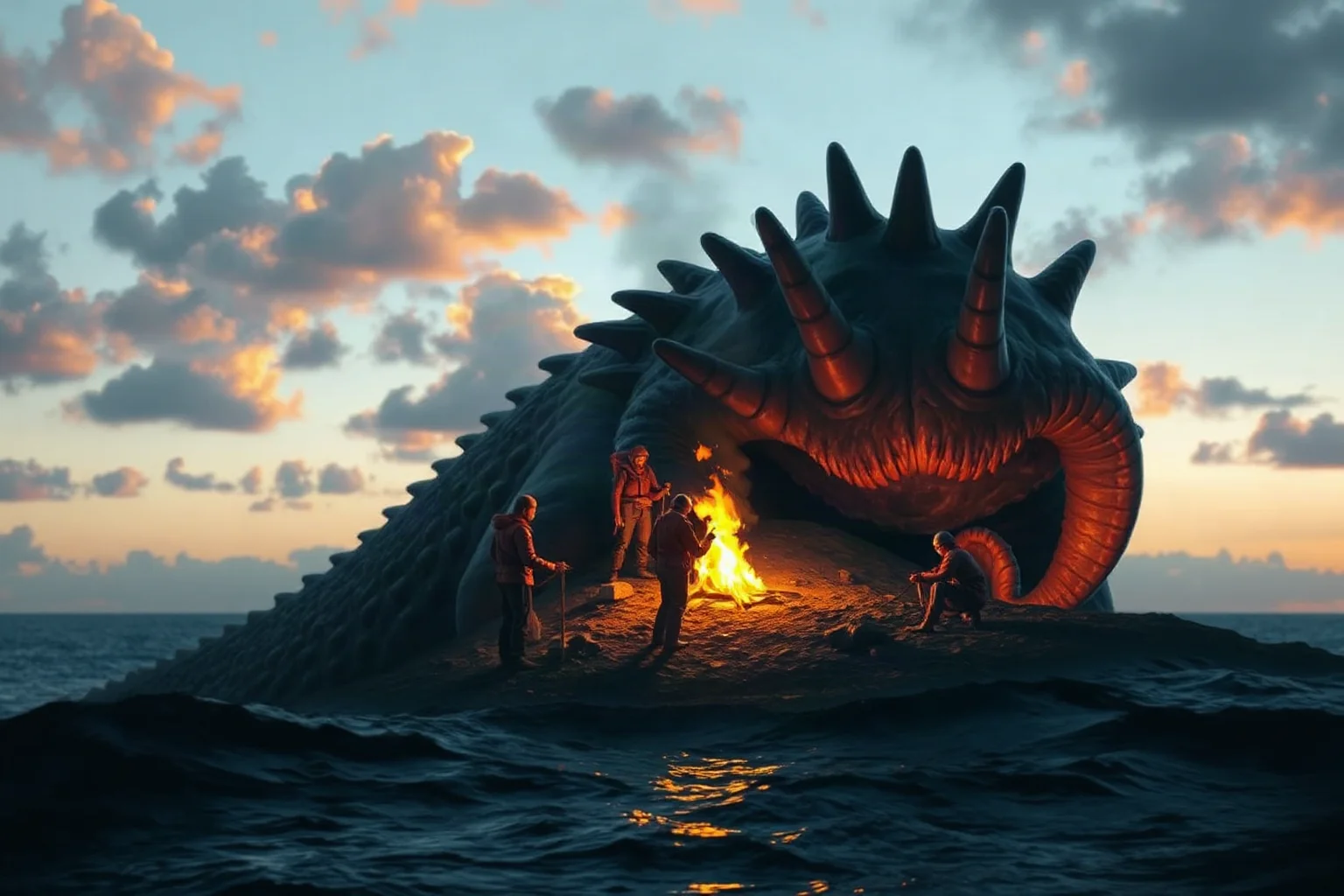 Sailors lighting a campfire atop what they believe is an island, unaware it is the back of an enormous sea creature