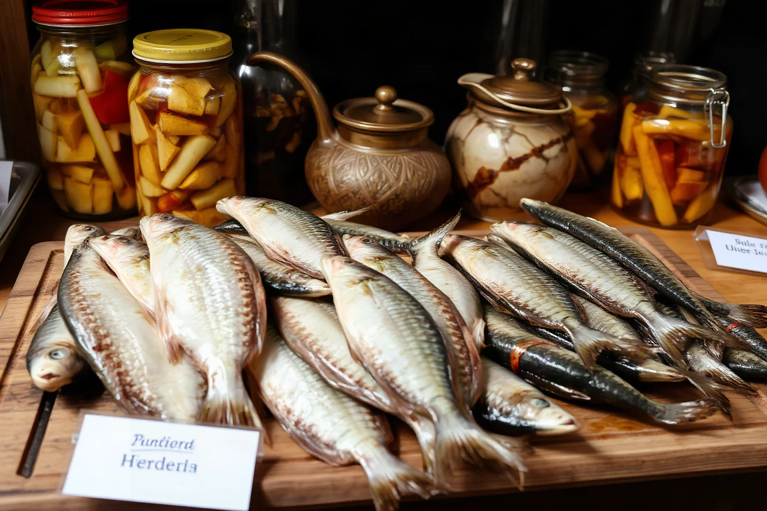 Salted and pickled herring arranged on a wooden board with preservation vessels, medieval market scene