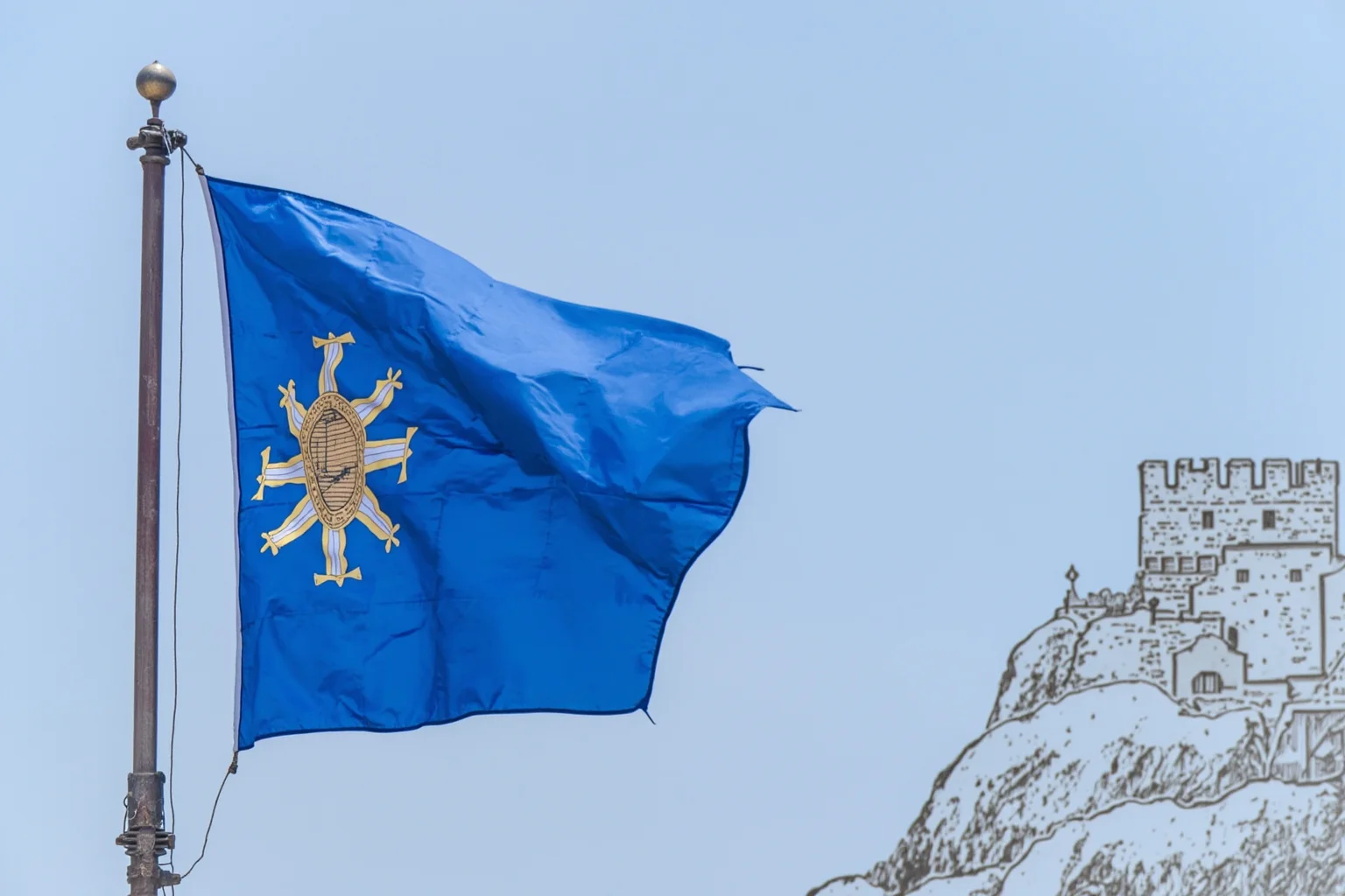 San Marino's blue and white flag with a small medieval hilltop fortress illustration in the background