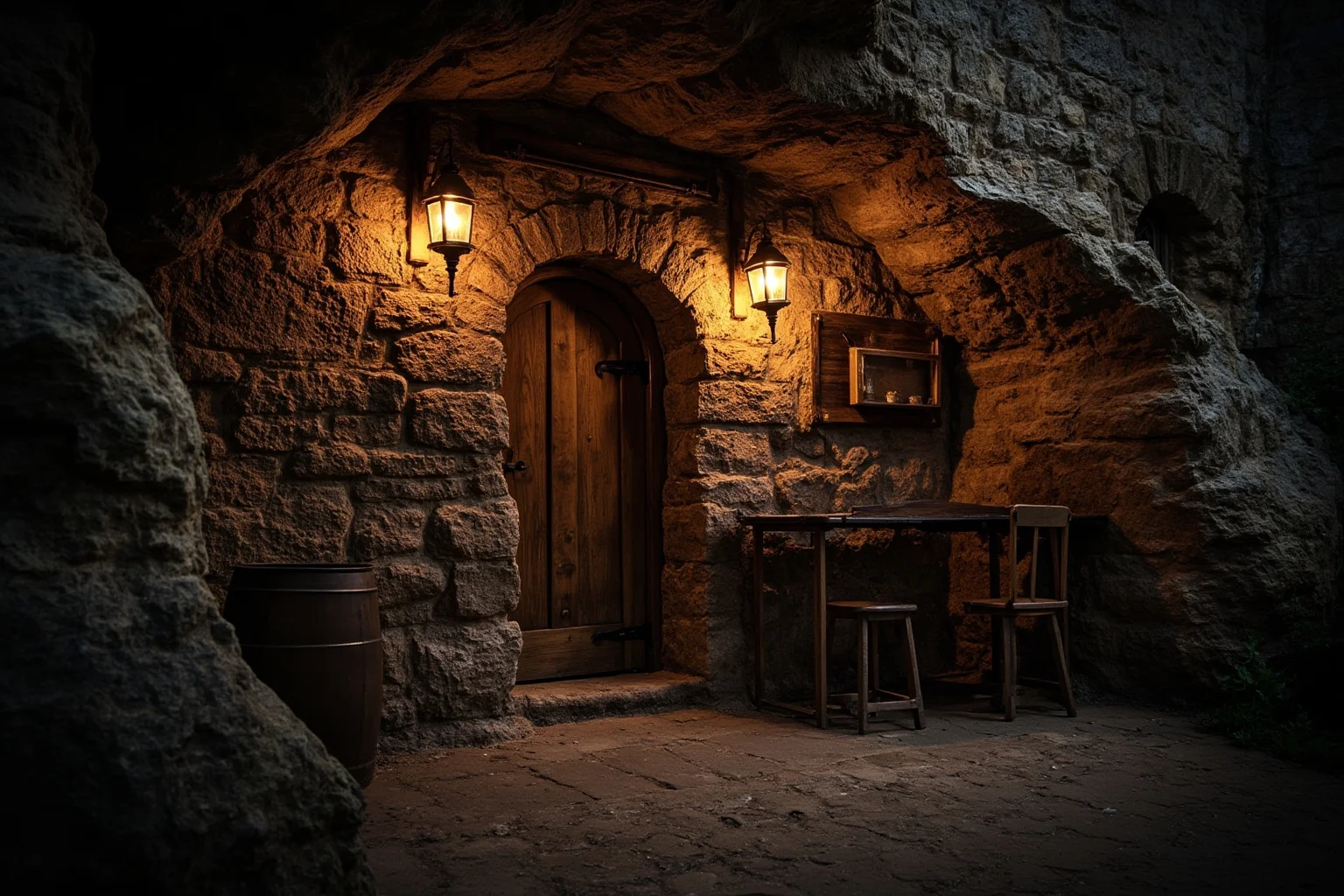Sandstone cave tavern entrance carved into a hillside beneath a castle, warm lantern light, medieval English inn atmosphere