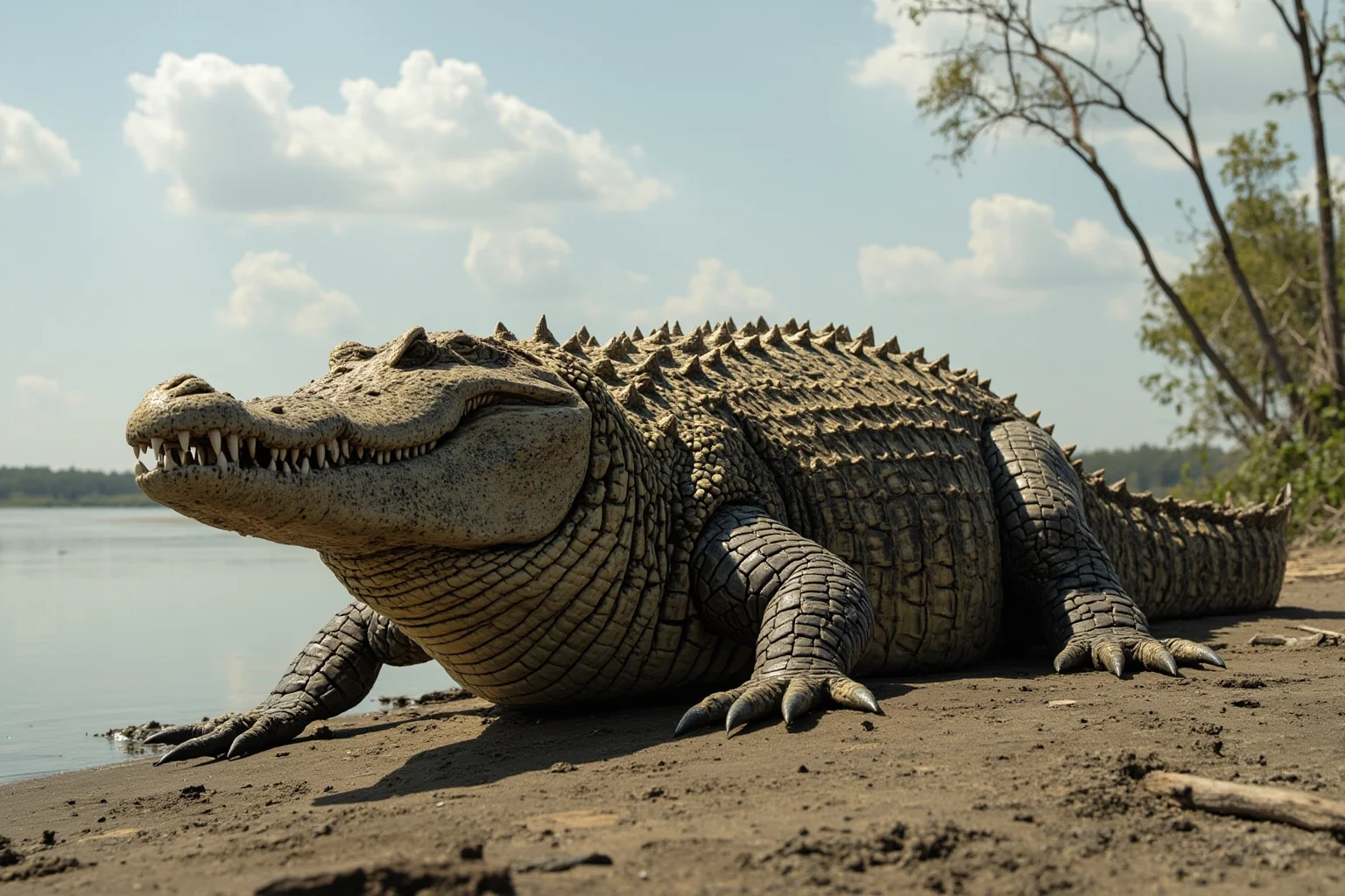 Sarcosuchus SuperCroc crocodile relative on riverbank, showing its massive skull and muscular body on land