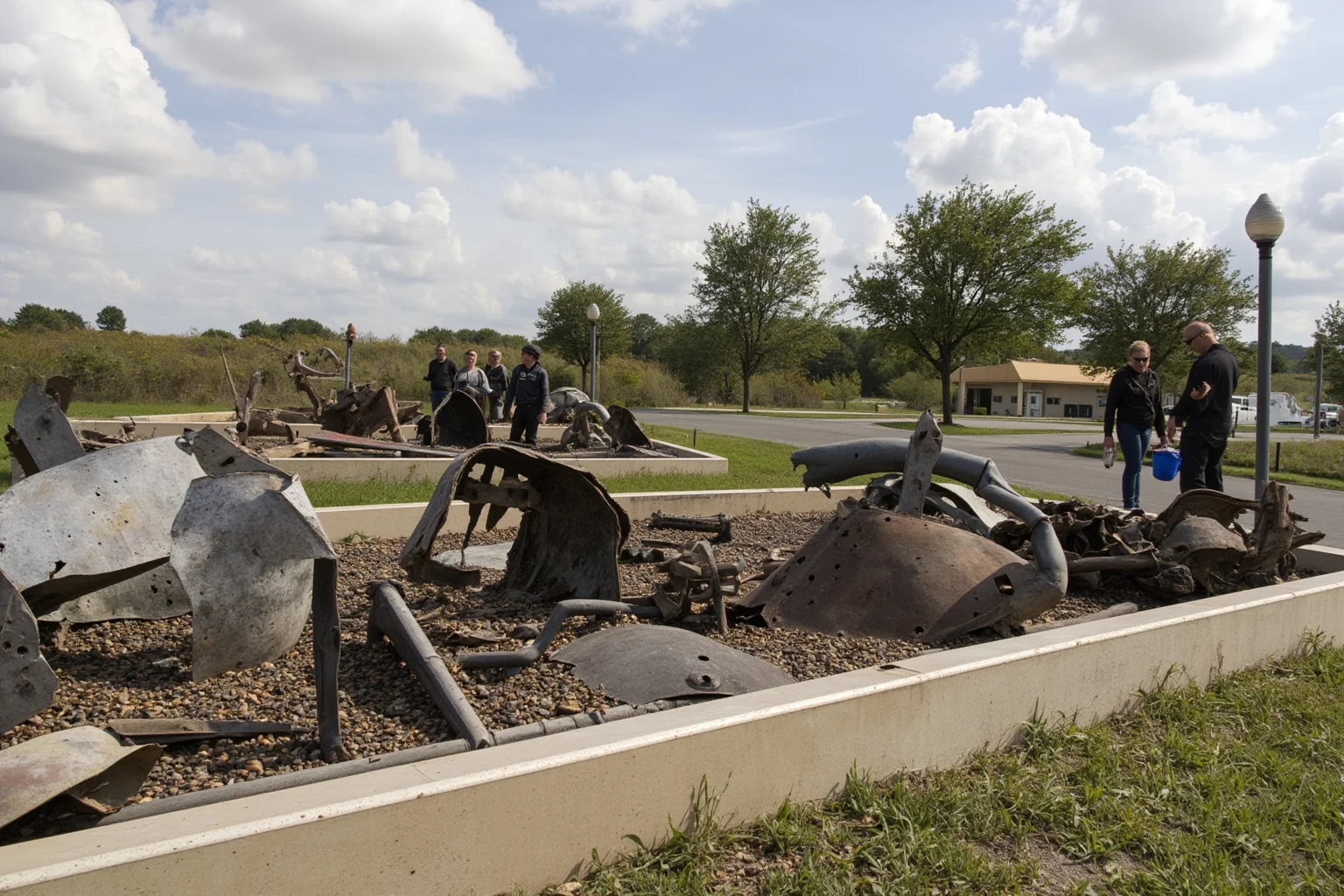 Scattered aircraft wreckage fragments displayed in a quiet countryside memorial visitor center