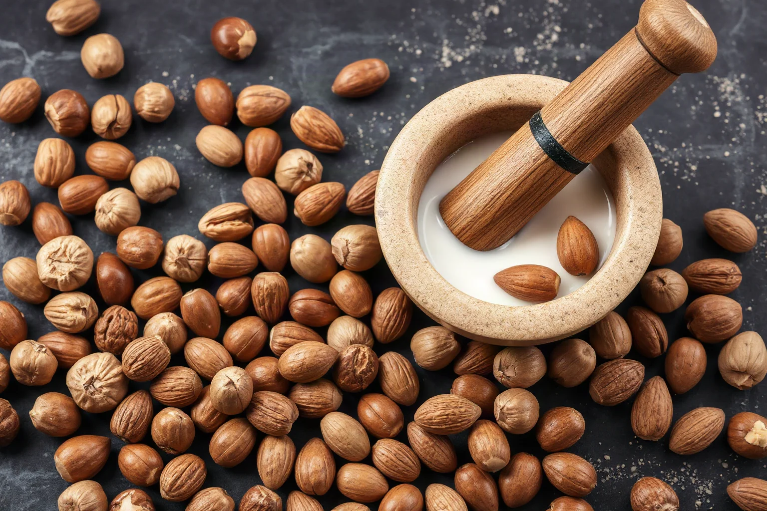 Scattered walnuts, hazelnuts, chestnuts, and almonds with mortar and pestle for grinding almond milk