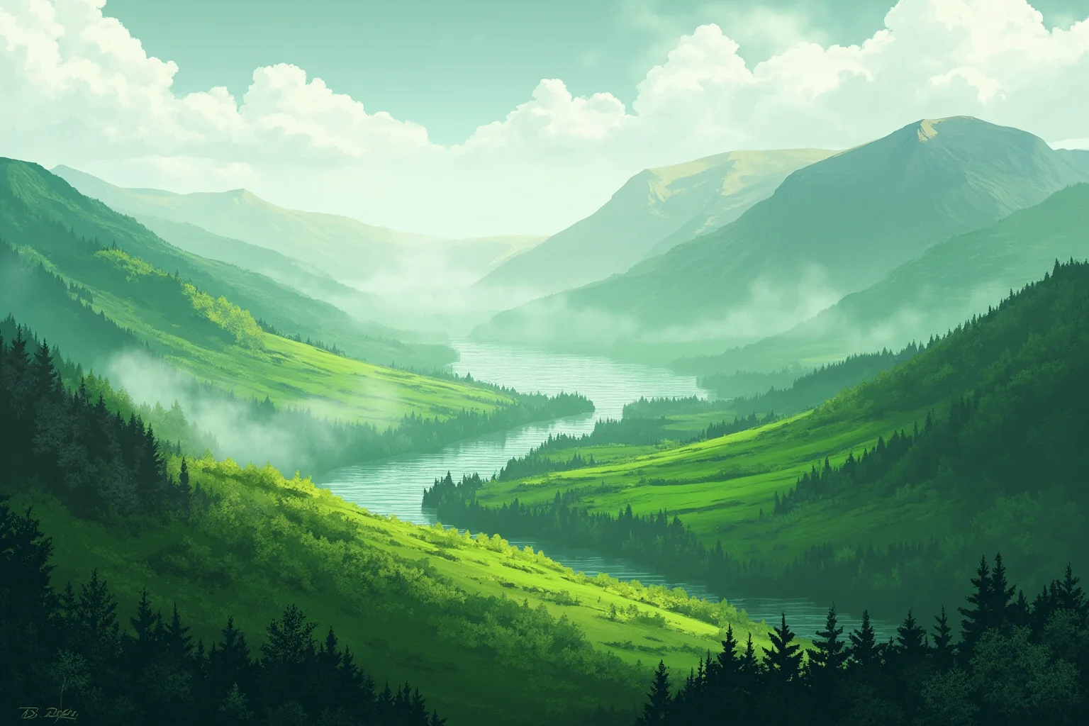 Scenic illustration of misty green Scottish or Irish highlands evoking Celtic heritage