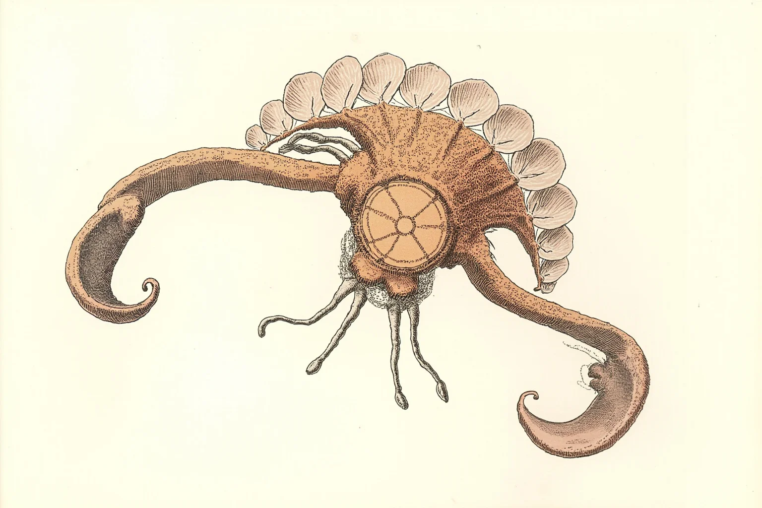 Scientific illustration of Anomalocaris, a large Cambrian predator with grasping appendages and a circular mouth