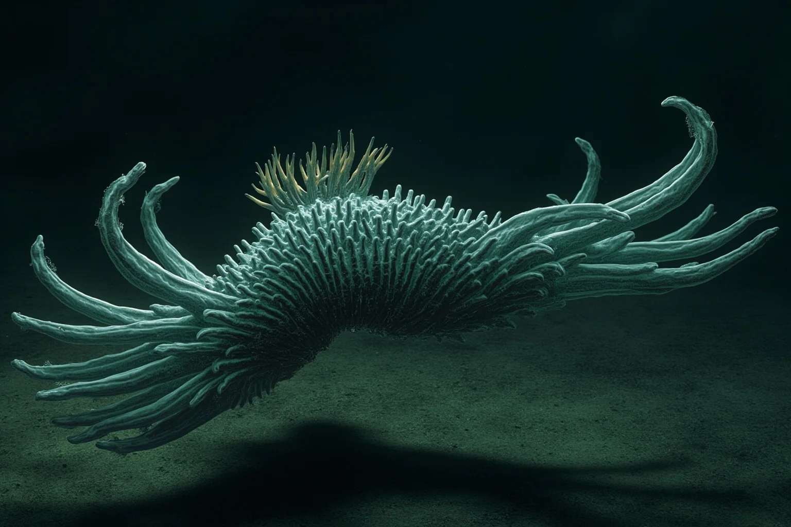 Scientific illustration of Charnia, a frond-shaped ancient organism swaying on a dim prehistoric ocean floor