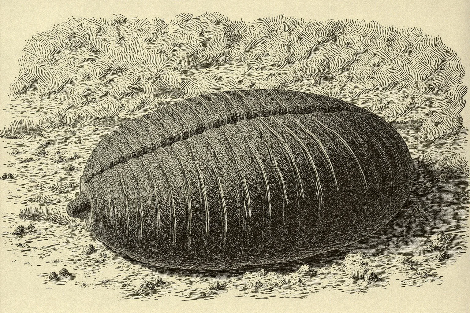 Scientific illustration of Dickinsonia, a large flat ribbed oval organism resting on an ancient Ediacaran seafloor