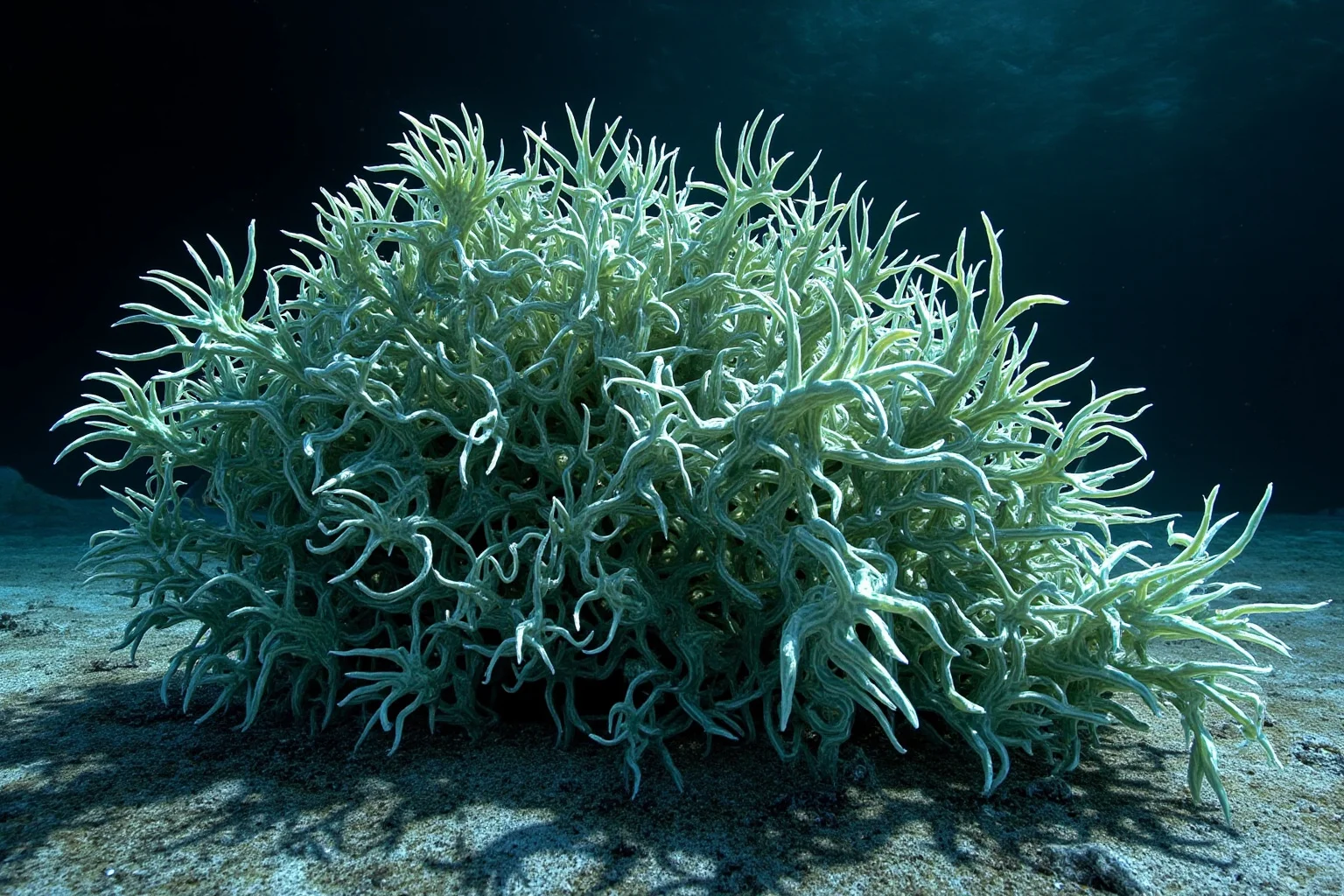 Scientific illustration of Fractofusus, a fractal branching frond-shaped Ediacaran organism on the ocean floor