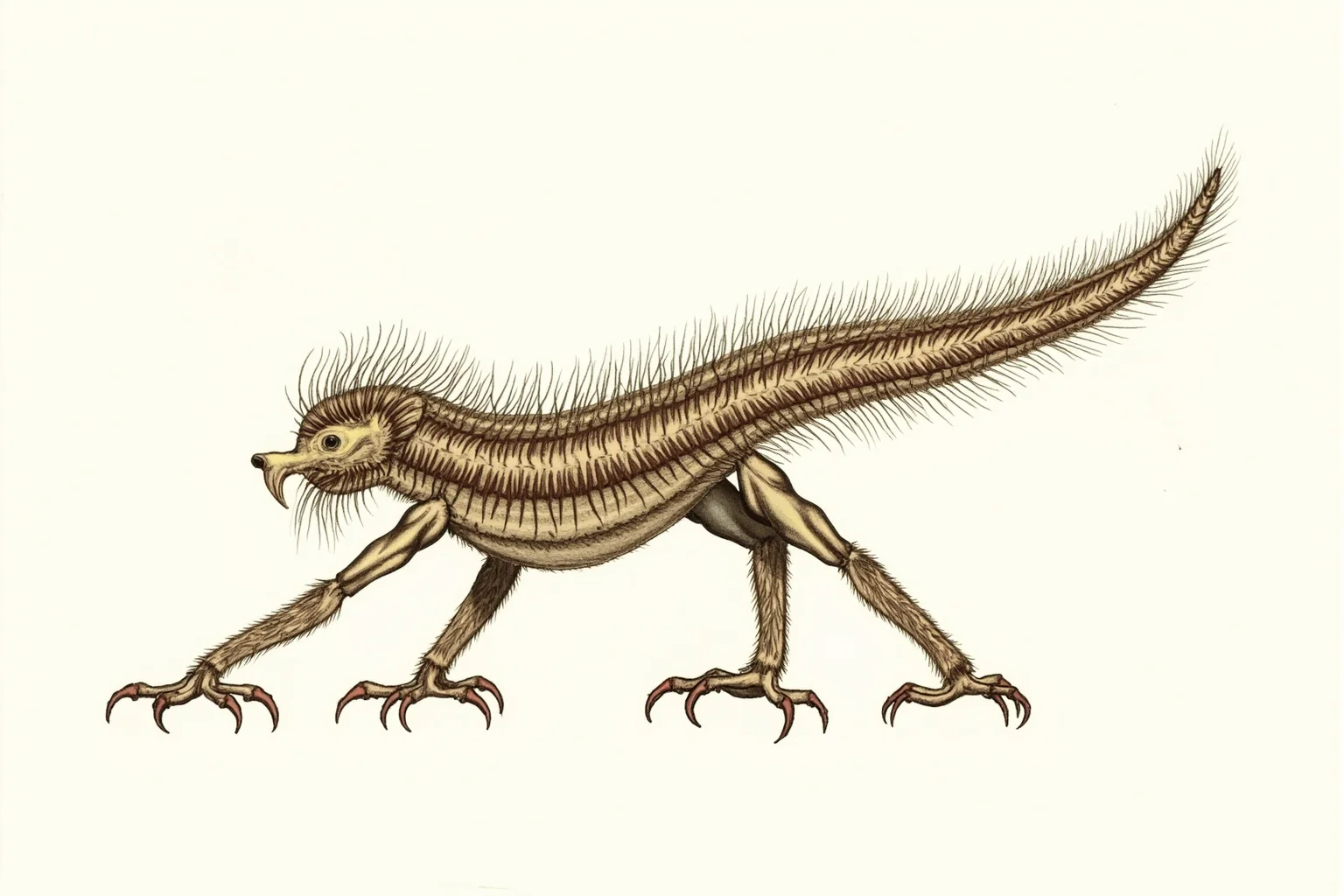 Scientific illustration of Hallucigenia, a spiny worm-like Cambrian creature walking on paired clawed legs