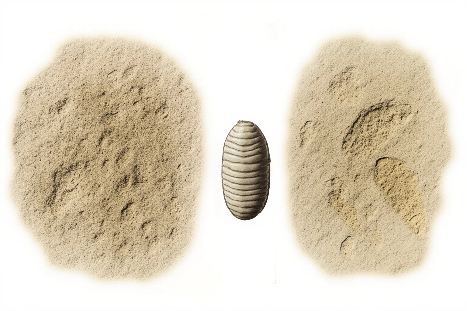 Scientific illustration of Kimberella, an oval slug-like Ediacaran organism beside scratch-like feeding trace fossils
