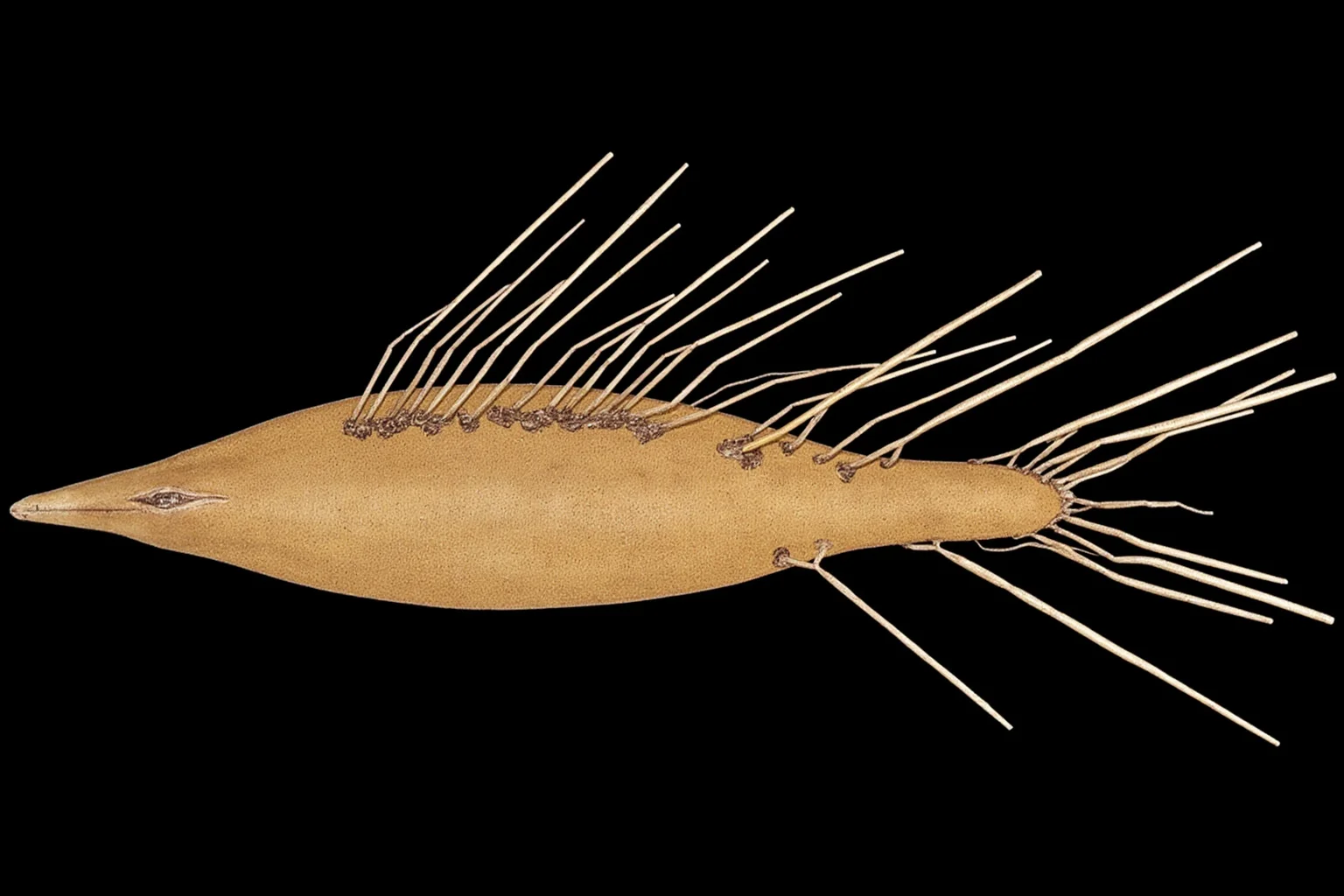 Scientific illustration of Longisquama insignis, a small Triassic reptile with long paired rod-like appendages along its back
