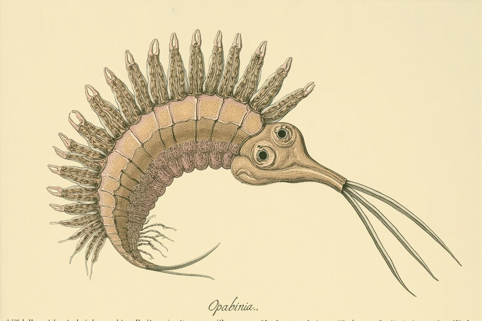 Scientific illustration of Opabinia, a segmented Cambrian sea creature with five eyes and a long clawed proboscis