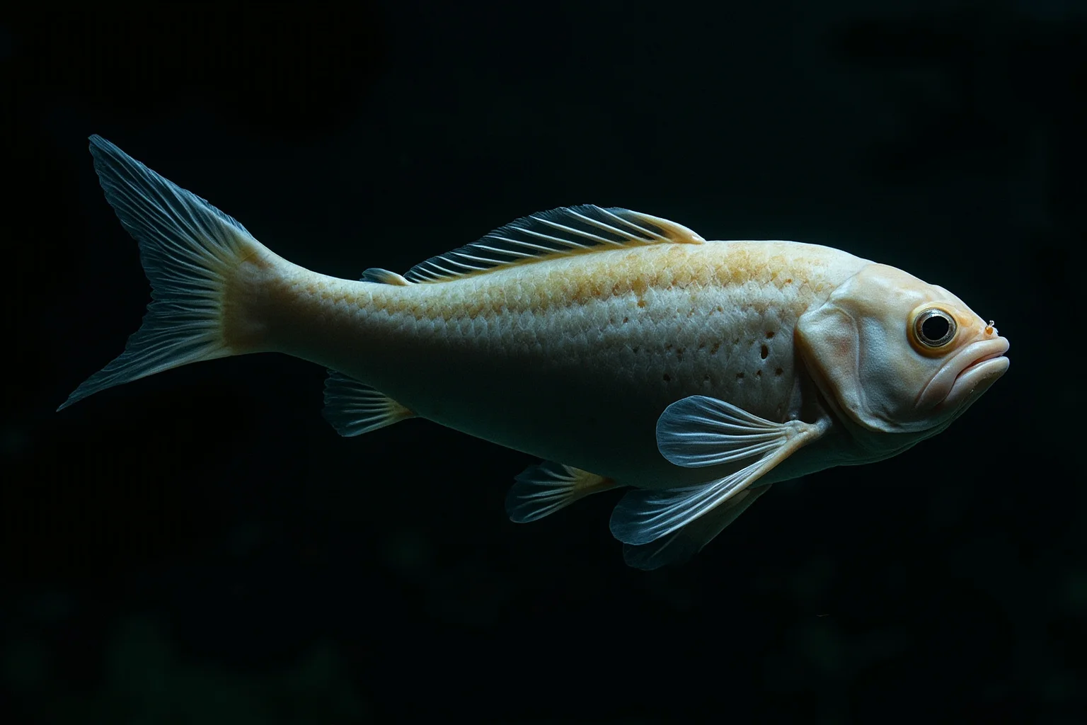 Scientific illustration of Typhloesus, a soft finned Carboniferous creature nicknamed the alien goldfish, in dark ancient waters