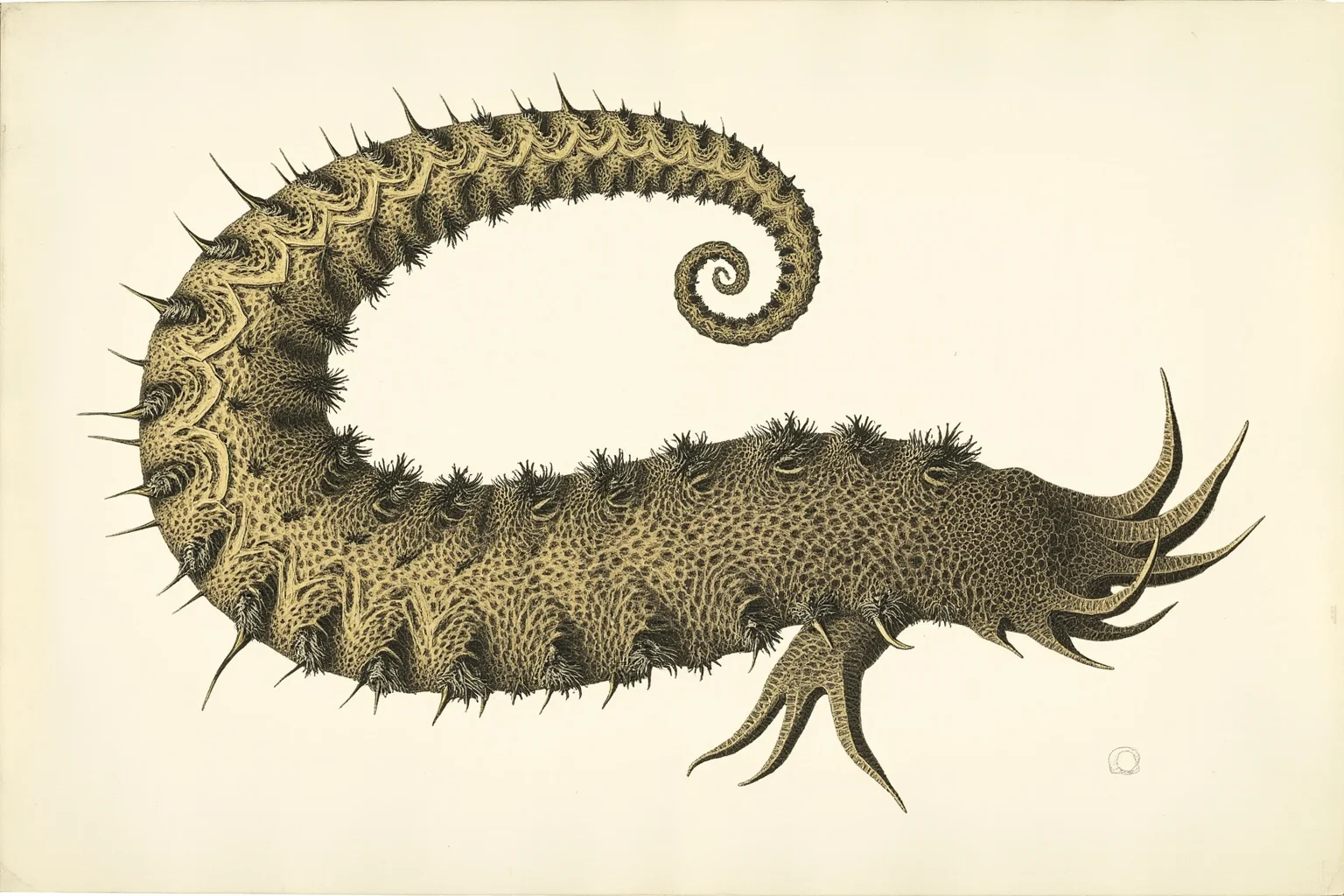 Scientific illustration of Wiwaxia, an armored slug-like Cambrian creature covered in overlapping scales and spines