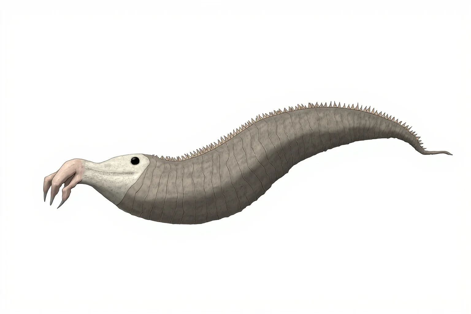 Scientific reconstruction of the Tully Monster, an elongated soft-bodied creature with stalked eyes and a clawed proboscis