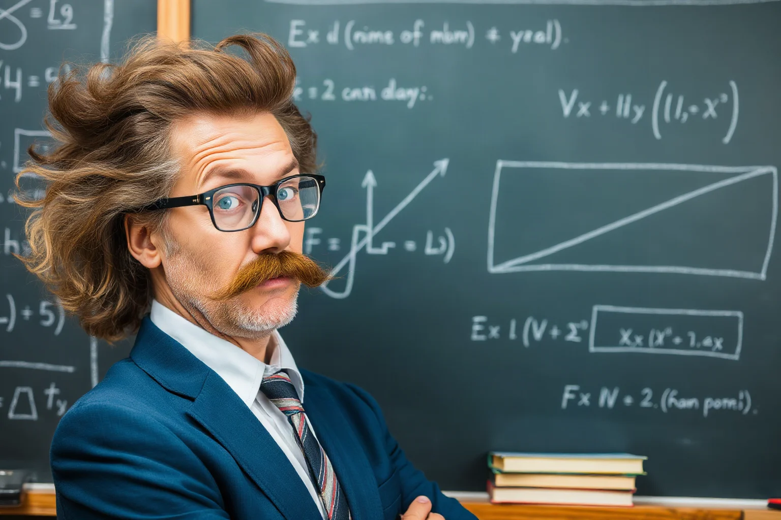 Scientist with wild hair and mustache, chalkboard with mathematical equations in background
