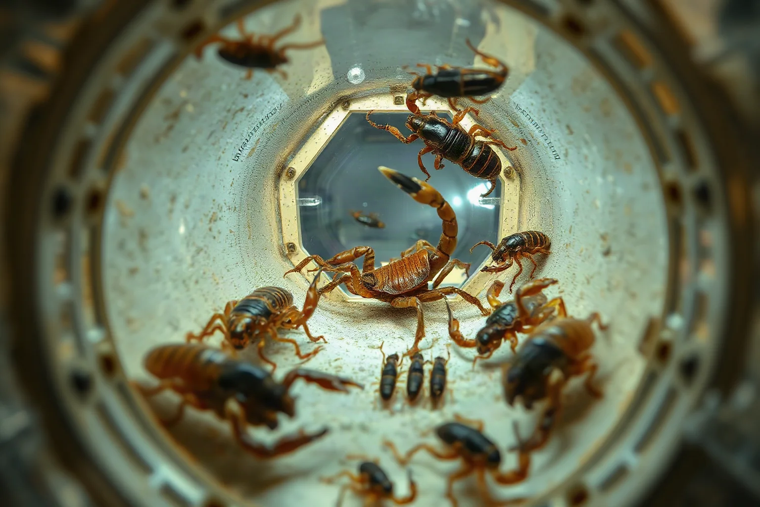 Scorpions and beetles inside a Soviet Bion satellite research compartment