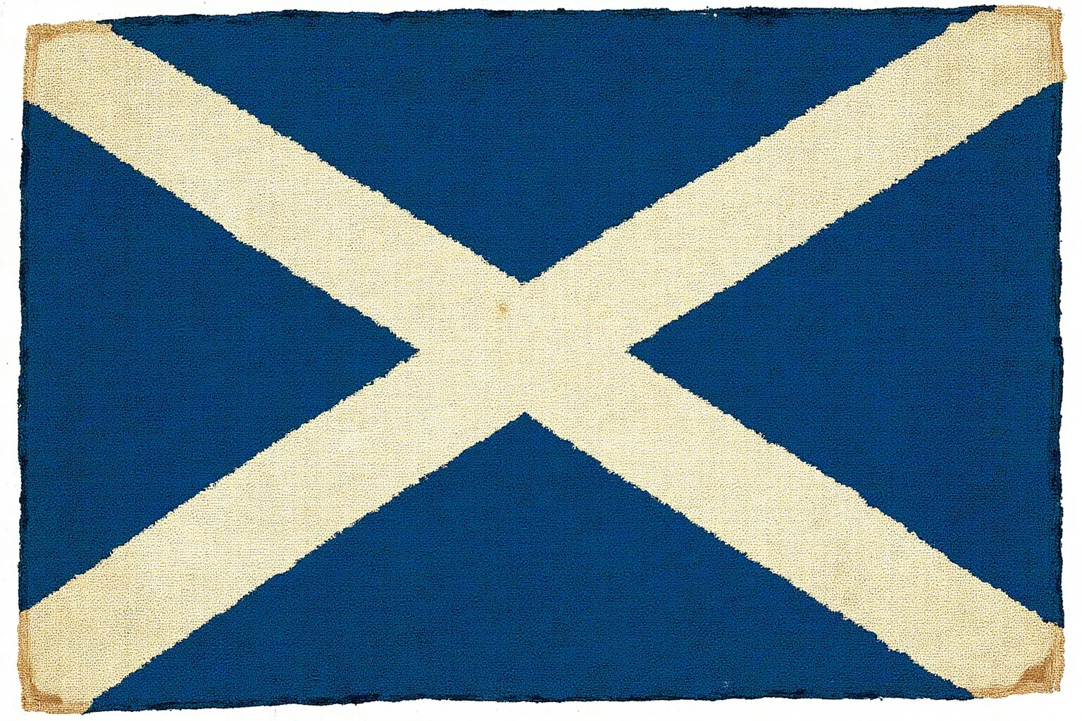 Scotland's blue saltire flag with white diagonal cross, illustrated in a historic tapestry style